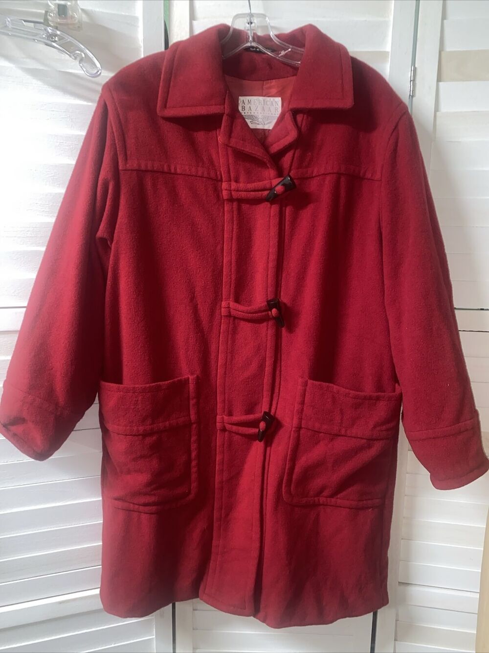 Vtg 80s American Bazaar Women's Red Lined Button Front Trench Pea Coat Large